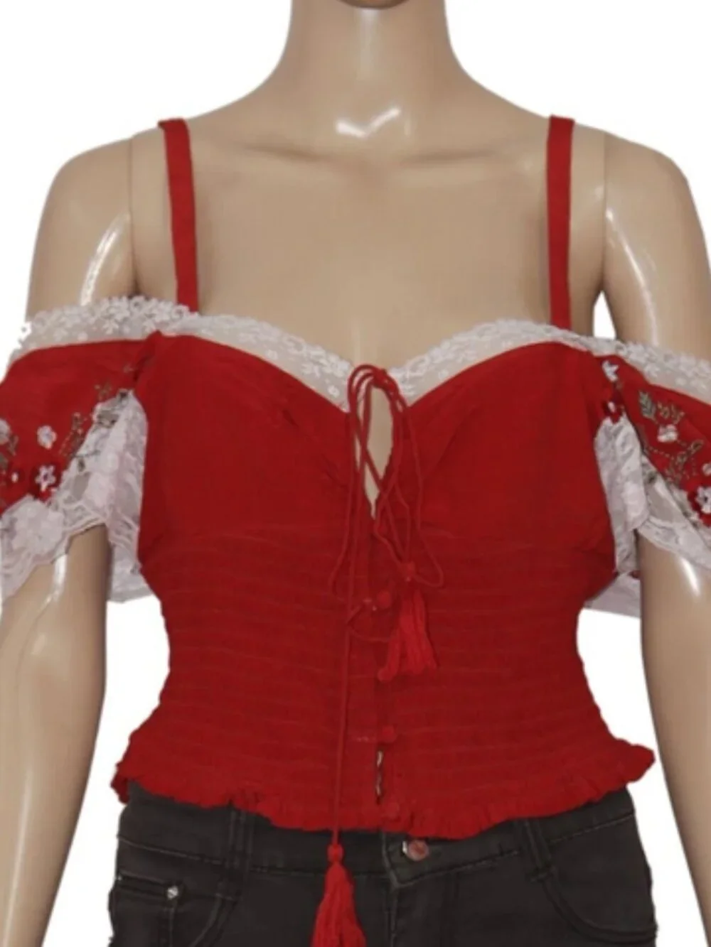 Free People Floral Embroidered Smocked Ruched Red Blouse Top XS